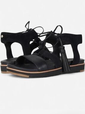 UGG Maryssa Black Leather Suede Tassel Sandals 8.5 New